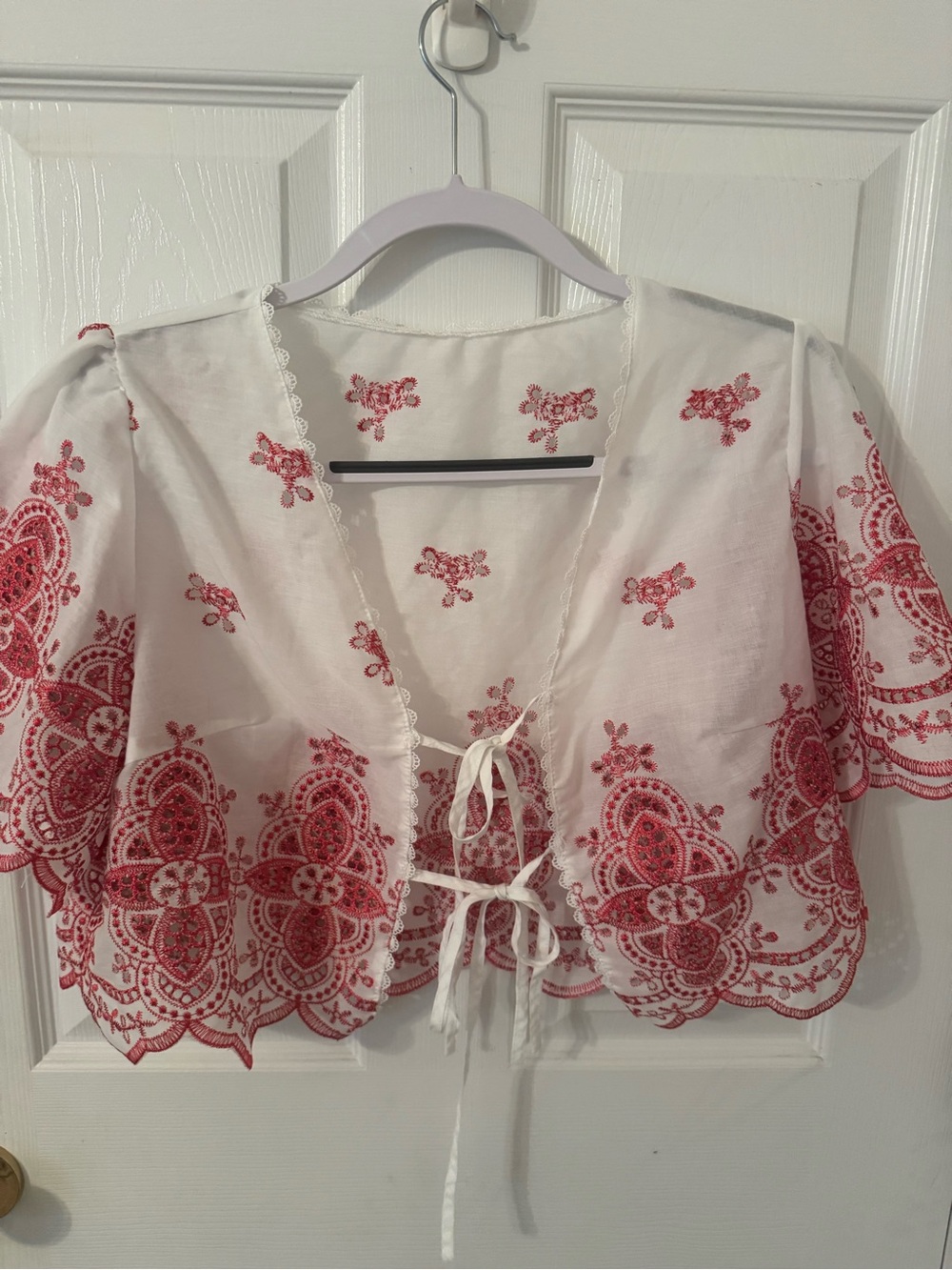 White Crop Tie-Front Embroidered Top with Red Motif
